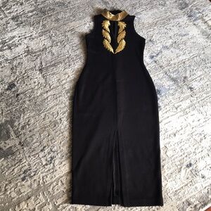 Vintage Casual Corner Embroidered Sequin Maxi Dress Black Gold S
